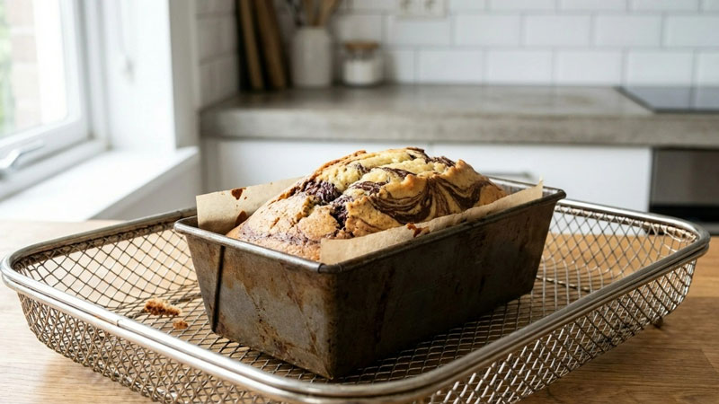 Ein kleiner Marmorkuchen in einer passenden Backform innerhalb des Airfryer-Korbs