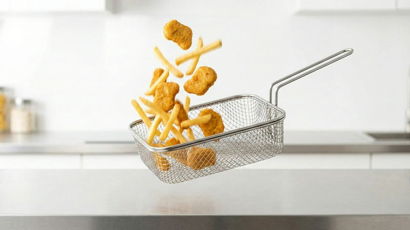 Ein Nutzer schüttelt den Airfryer-Korb für ein gleichmäßiges Garergebnis