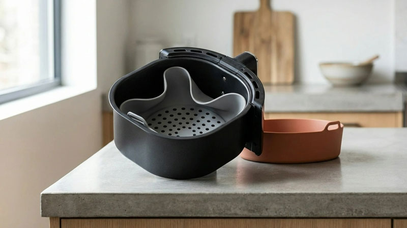 Verschiedene farbige Silikonformen und ein Ölsprüher neben einem Airfryer