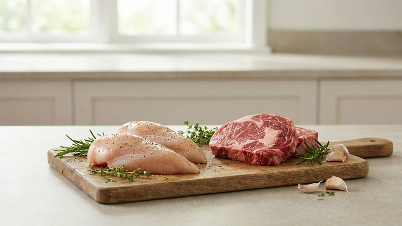 Vorbereitetes Fleisch mit Gewürzen und Kräutern