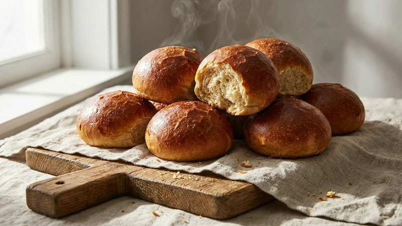 Frisch gebackene, goldgelbe Brötchen direkt aus der Heißluftfritteuse