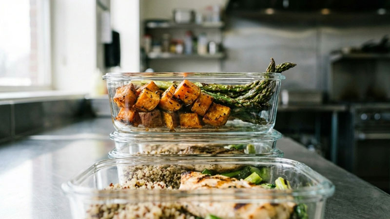 Fertig zubereitete Meal Prep Boxen mit Fleisch, Reis und Airfryer-Gemüse
