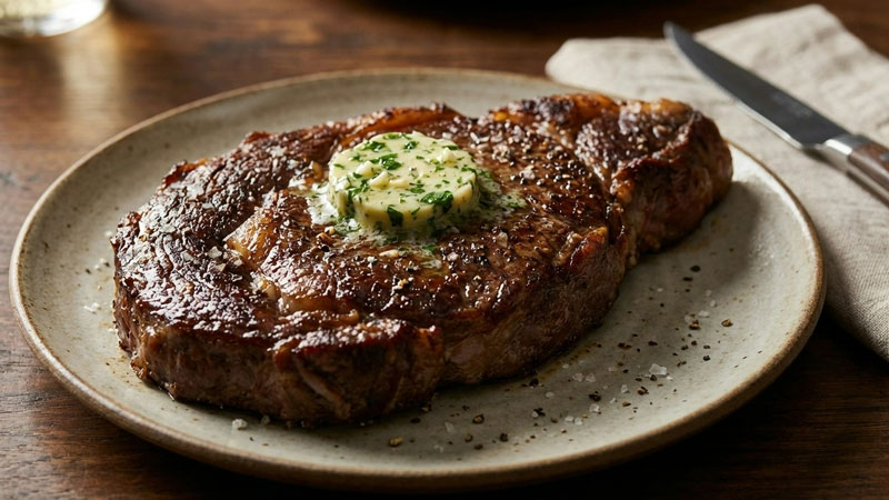 Ein perfekt gegartes Steak mit dunkler Kruste und rosa Kern