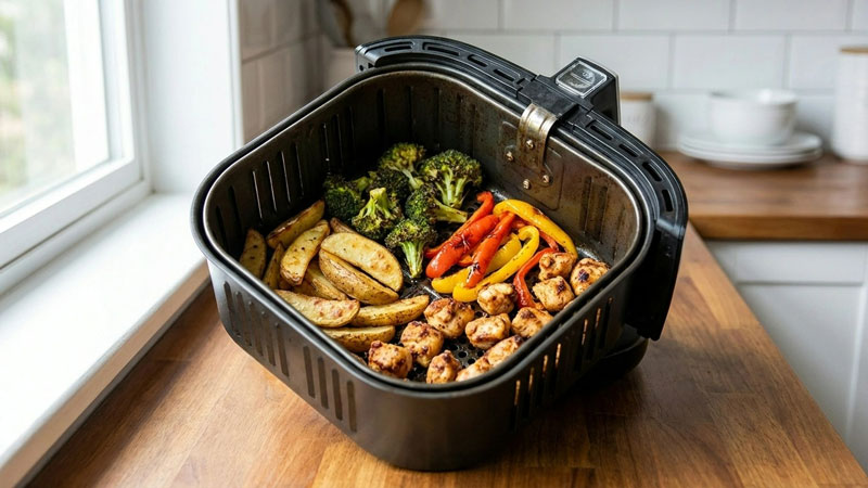 Gefüllter Airfryer-Korb als Beispiel für effiziente Platznutzung