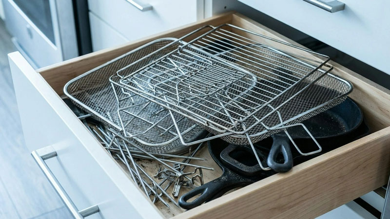 Ein Stapel ungenutzter Metallgitter und Kleinteile für die Heißluftfritteuse